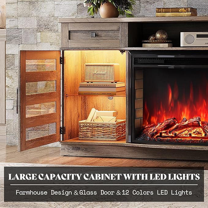 70" Farmhouse Curved Fireplace TV Stand, LED Light Entertainment Center Table with 36'' Upgrade Electric Fireplace TV Console Cabinet for TVs Up to 80", Wash Grey