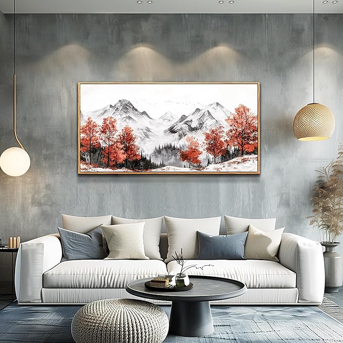PHAOHUAXM Canvas Wall Art For Living Room Large Wall Decor For Bedroom Red Tree Ink-Wash Mountain Landscape Painting Wall Pictures Office Modern Restaurant Room Home Decoration Wood Framed 20"X40"