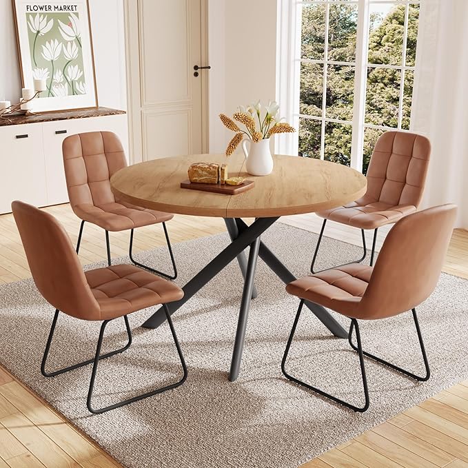 45.3 Inch Round Dining Table Set for 4, Mid Century Modern Small Kitchen Coffee Set for Dining Room Kitchen Apartment (Oak Table + 4 U-Shaped Brown Chairs)