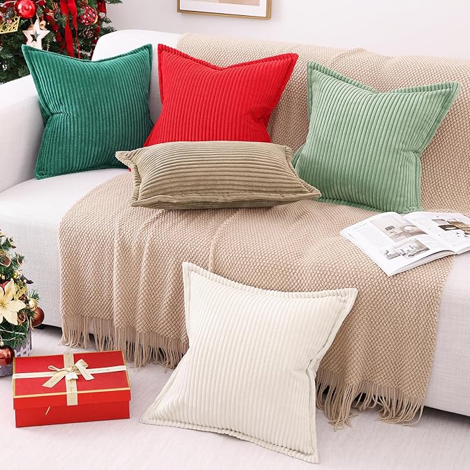 Mecatny Corduroy Throw Pillow Covers 18x18 Set of 2, Neutral Decorative Soft Boho Couch Pillow Covers with Broadside for Sofa Living Room, Green