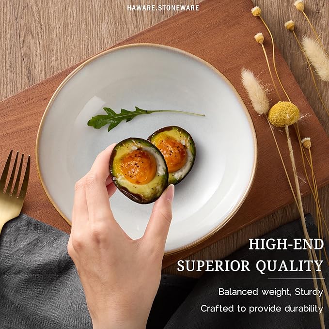 HaWare 12-Piece Dinnerware Sets, Stoneware Plates and Bowls Set for 4, Ceramic Dishware Dinner Set for Home Restaurant, Chip and Crack Resistant, Microwave and Dishwasher Safe, Reactive Pearl White