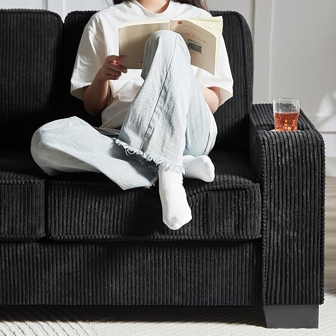 Furnimart Modern 3 Seater Couches, Cozy Deep Seat Sofa, Comfy Fluffy Couch for Living Room, Small Couches for Small Space, with Removable Sofa Cover, Black Corduroy Fabric