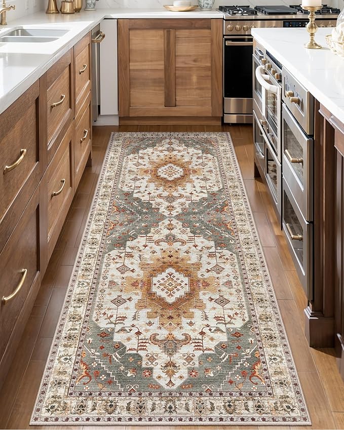 Tangsoo 2x6 Washable Runner Rug for Hallways, Non Slip Vintage Rugs, Soft Low Pile Long Rug, Print Distressed Turmeric Carpet Runners for Kitchen Bedroom Entryway Bathroom Living Room