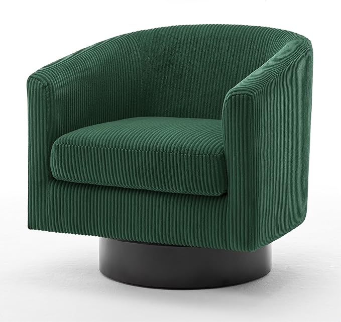 UIXE Swivel Accent Chair, Upholstered Corduroy Barrel Chair for Living Room, Small Single Sofa Bedroom Reading Seat, Dark Green