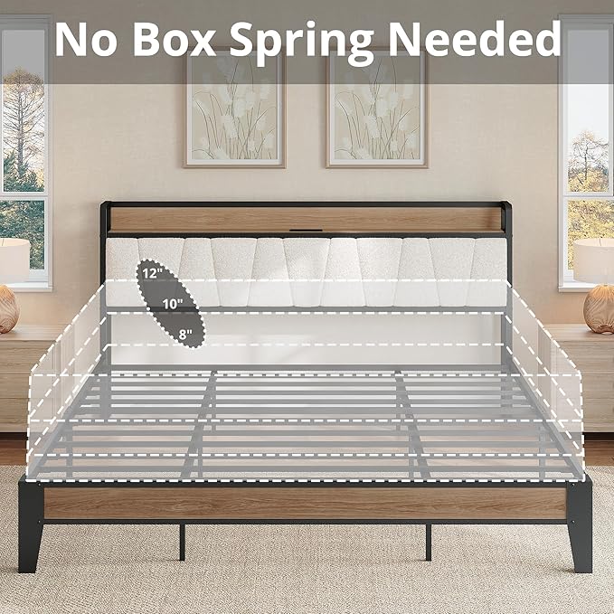 LIKIMIO King Bed Frames, Storage Headboard with Charging Station, Solid and Stable, Noise Free, No Box Spring Needed, Easy Assembly, Wood and Cream