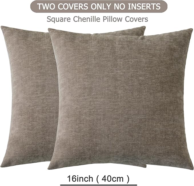 GAWAMAY Decorative Throw Pillow Covers 16x16 Inch Set of 2, Super Soft Chenille Square Pillows Farmhouse Fall Pillowcase for Living Room Bedroom Sofa Couch Cushion Cover Taupe Grey 40x40cm