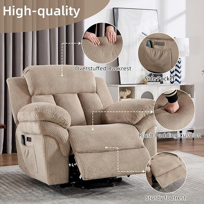 CANMOV 46" Wide Oversize Power Lift Recliner Chair, Extra Large Electric Lift Recliners for Elderly Big, Stand Up Recliner Chair with Massage and Heat, USB and Type-C Ports, Light Brown