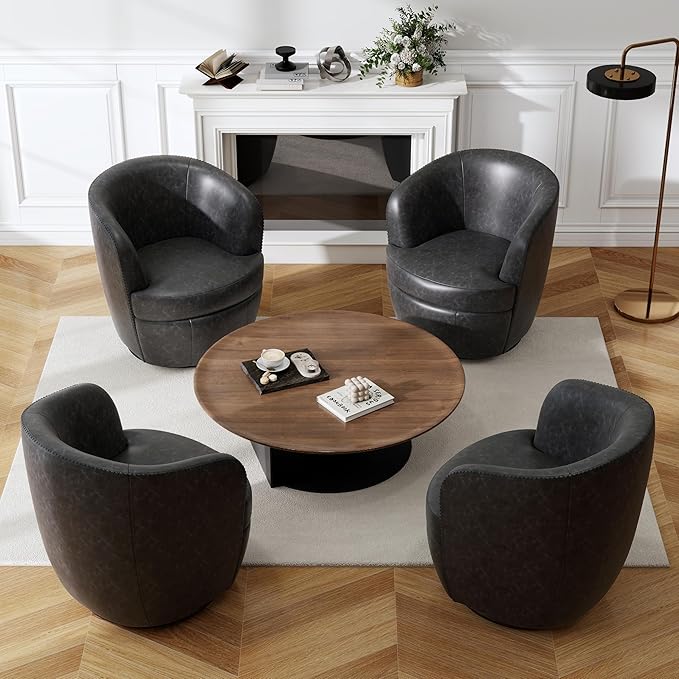 Swivel Barrel Chair, Modern Round PU Leather Accent Armchair for Living Room, Bedroom, Comfy Club Reading Chairs for Adults (Leather Black Grey, Set of 2)