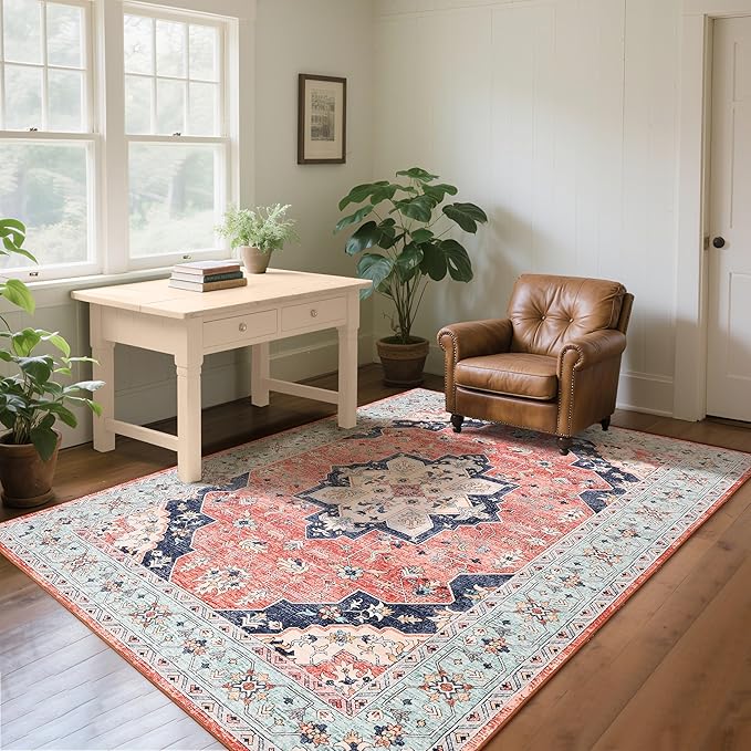 Living Room Rug 6x9 Rug, Machine Washable Area Rug Non Slip Low Pile Vintage Rug for Living Room, Bedroom, Farmhouse, Dining Room, Kids Playroom, Red&Blue