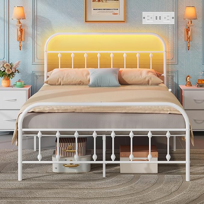 WLIVE Full Size Bed Frame with Headboard, Full Bed Frame with LED Lights and Charging Station, Metal Platform Bed with Storage, White