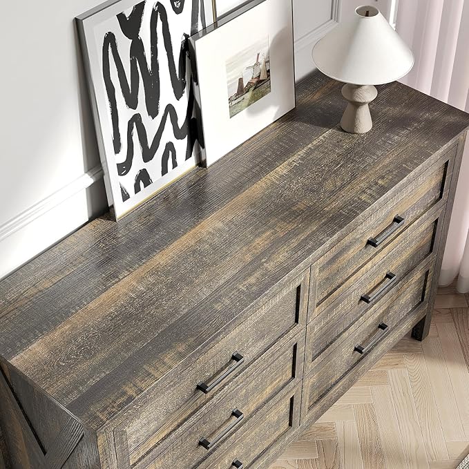 Farmhouse 6 Drawers Dresser for Bedroom, Wood Rustic Wide Chest with Natural Texture, Farmhouse Chest of Drawers for Bedroom, Hallway, Entryway, Dark Brown