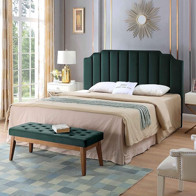 24KF Jade Velvet Tufted King Upholstered Headboard, Modern Vertical Channel Design California King Headboard with Stepped Silhouette Top Edge,Jade