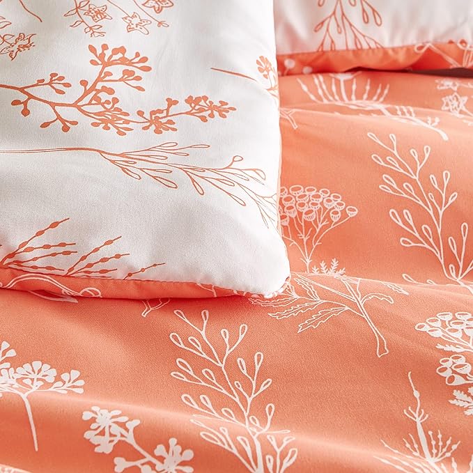 Bedsure Twin/Twin XL Comforter Set - Coral Orange Bed Set, 2 Pieces Cute Floral Bedding, 1 Soft Reversible Botanical Flowers Comforter and 1 Pillow Sham