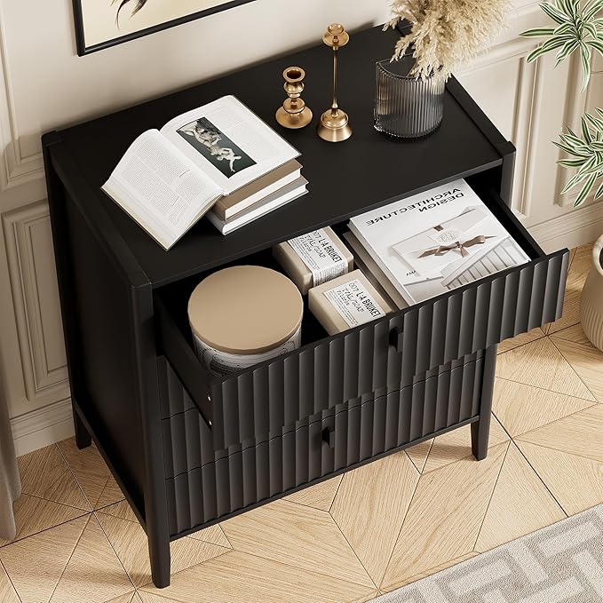 Black 4 Drawer Dresser, 31.5" Wide White Modern Dresser with Fluted Front & Metal Handles for Bedroom, Living Room