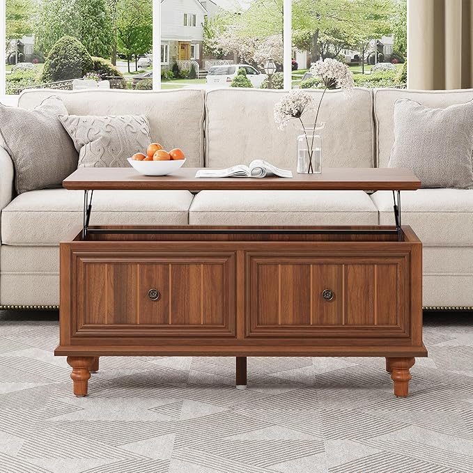 39" Lift Top Coffee Table for Hidden Compartment, Wood Coffee Tables with Shelf, Farmhouse Rectangular Center Table Dining Table for Living Room Home Office Small Space (Walnut)