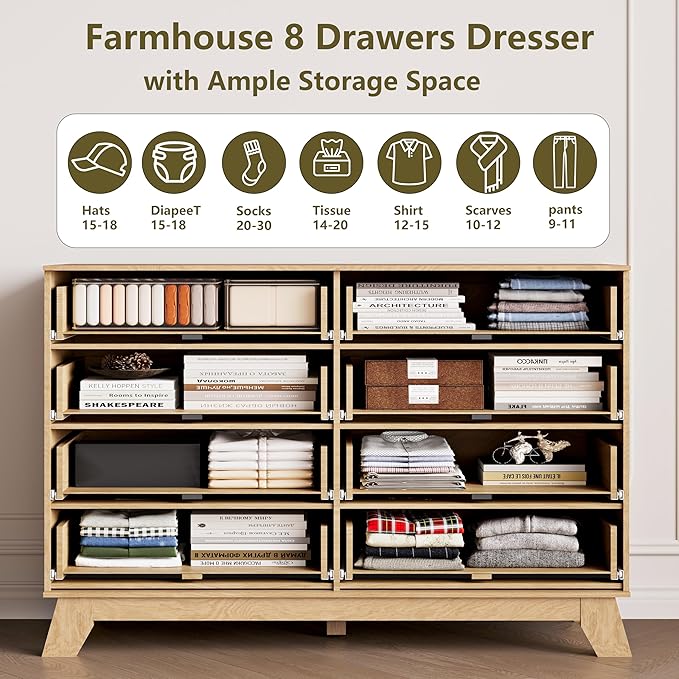 Fluted Dresser for Bedroom, 8 Drawer Dressers & Chest of Drawers, Mid Century Modern Dresser for Closet Boho Bedroom Furniture, Nature Wood Chest of Drawers Storage Organizer for Living Room