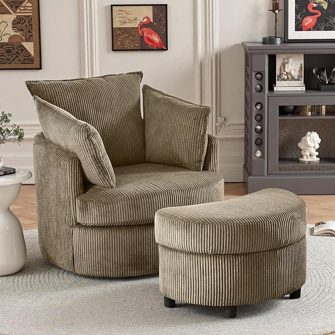 Swivel Accent Chair with Ottoman Comfy Reading Chairs for Bedroom Modern Corduroy Arm Chair 360°Swivel Barrel Chairs for Living Room,Apartment (Brown, 2)