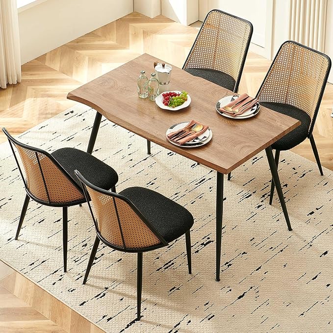 47-Inch Rectangular Dining Table Set for 4, 5 Pieces Kitchen Table Set with 4 Seater Dining Chairs Upholsetered Boucle Room Chairs Curved Rattan Backrest for Kitchen Apartment Restaurant