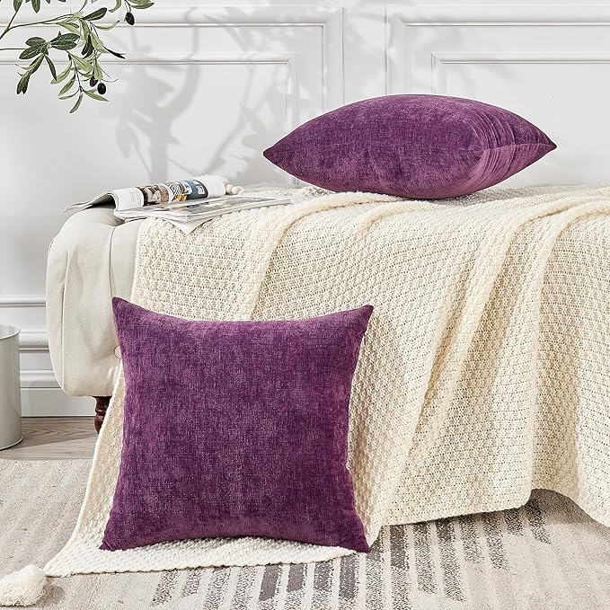 GAWAMAY Decorative Chenille Throw Pillow Covers 26x26 Inch Pack of 2, Soft Square Couch Pillow Cover for Sofa Cushion Living Room Bedroom Solid Dyed Oversized Pillowcases Purple 66x66cm (ONLY Covers)