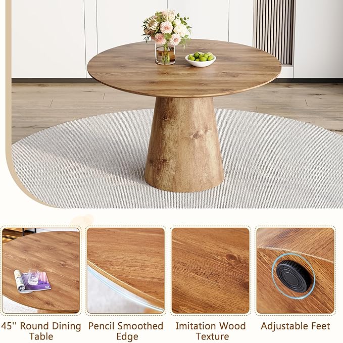 Round Dining Table Set for 4,45'' Wood Dining Room Table Set for 4 with Suede Chairs,Farmhouse Pedestal Dining Table Set for Dining Room,Apartment Easy Assembly