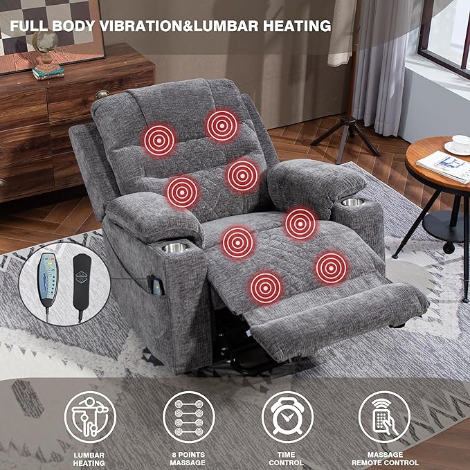 Big Man 400lbs Recliners with Extended Foot Rest and Armrest Storage, Oversized Power Lift Recliner Chair with Heat Massage and Cup Holders for Elderly
