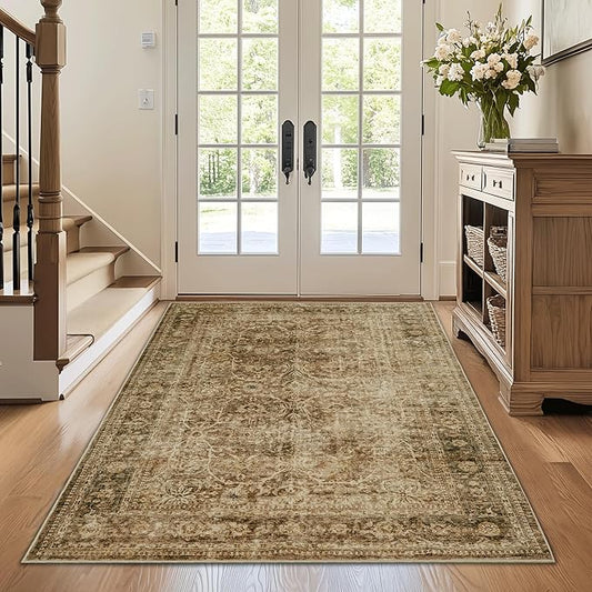 FMFUNCTEX 3x4 Washable Area Rug Brown Vintage Neutral Non Slip Low Pile Traditional Retro Indoor Carpet for Entryway Entrance Soft Floral Throw Rug Living Room Bedroom Kitchen Dining Office Laundry
