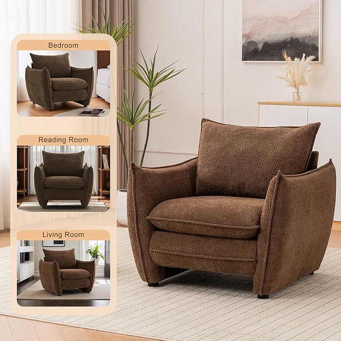 Oversized Accent Chair, Modern Single Sofa Cloud Chair with Removable Pillow, Deep Seat Comfy Armchair for Living Room Bedroom Reading Nook - Upholstered Lounge Chair (Brown, Set of 2)