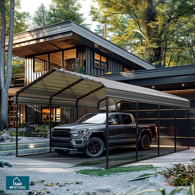 MFSTUDIO Carport 12x20 ft, Outdoor Heavy Duty Metal Shed Carports, Metal Garage Car Shelter Shade Car Port with Galvanized Roof, Frame and Bolts for Cars, Truck and Boats