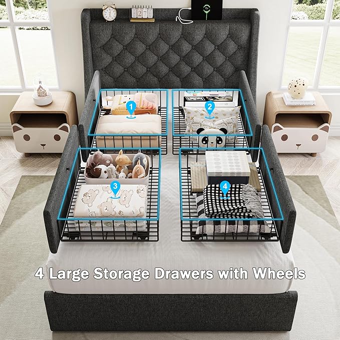 Twin Bed Frame with 4 Storage Drawers, Giant Upholstered Wingback Headboard, Fast Charging Station, No Box Spring Needed, Noise-Free, Dark Gray