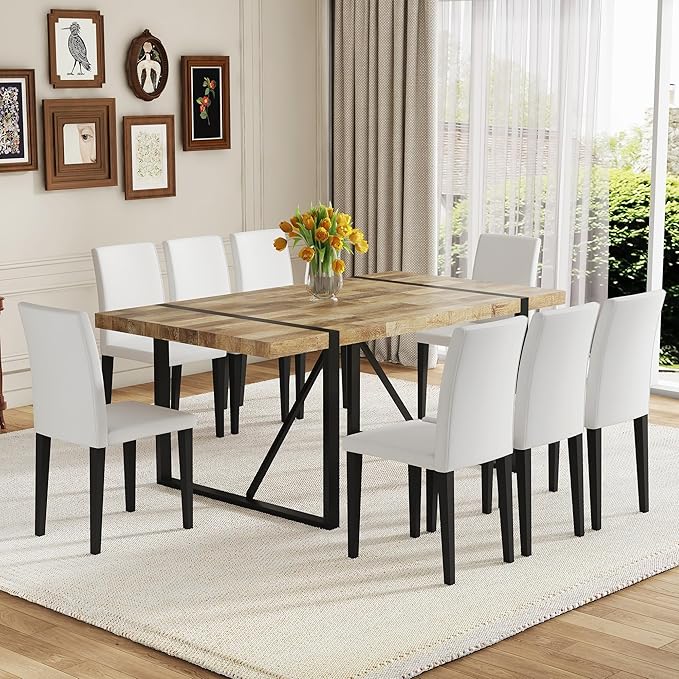 Dining Table Set for 6，Dinner Table Set for 6，71'' Kitchen Table and PU Leather Chairs Set of 6，6 Chair Dining Table Set for Kitchen Dining Room