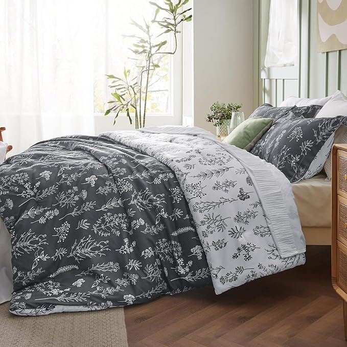 Bedsure Queen Comforter Set - Dark Grey Bed Set, 3 Pieces Cute Floral Bedding, 1 Soft Reversible Botanical Flowers Comforter and 2 Pillow Shams