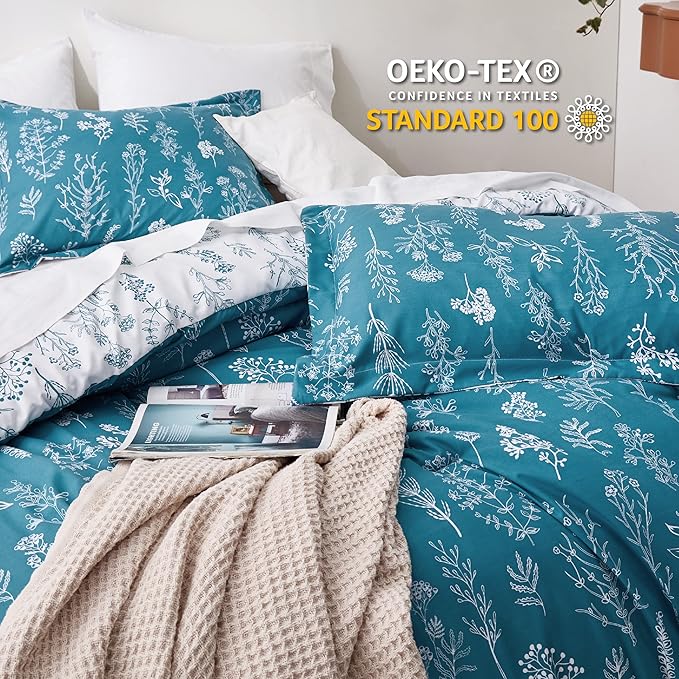Bedsure King Comforter Set - Teal Blue Bed Set, 3 Pieces Cute Floral Bedding, 1 Soft Reversible Botanical Flowers Comforter and 2 Pillow Shams