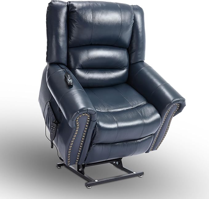 Power Lift Recliner Chair for Elderly, Dual Motor Massage Recliner with Lumbar Heat, Heavy Duty Motion Mechanism Lift Chair with Charge Ports, Genuine Leather - Blue