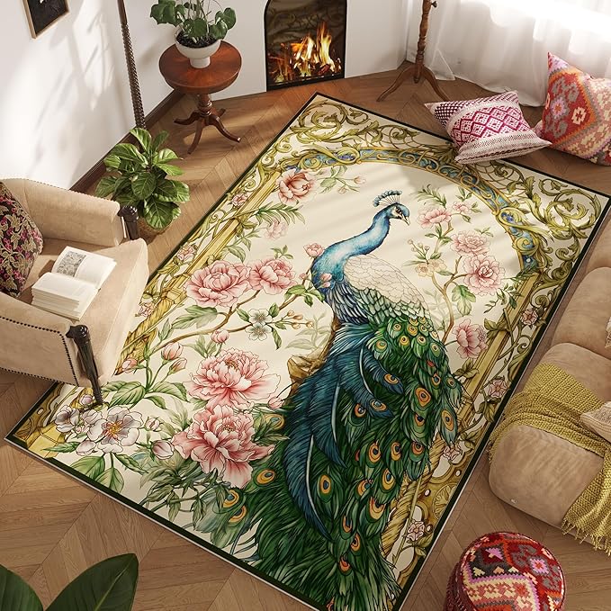 Living Room Rug 6x9 Rug Machine Washable Floral Peacock Area Rug Non Slip Floral Animal Vintage Low Pile Large Rug for Living Room, Bedroom, Farmhouse, Dining Room, Kids Playroom (Beige)