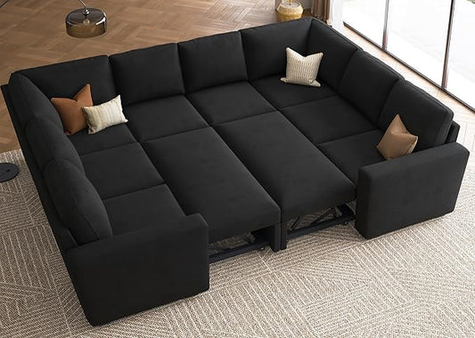 HONBAY Sleeper Sectional Couch with Pull Out Bed, Velvet Modular Sofa with Storage, U Shaped Sectional Couches for Living Room, Black