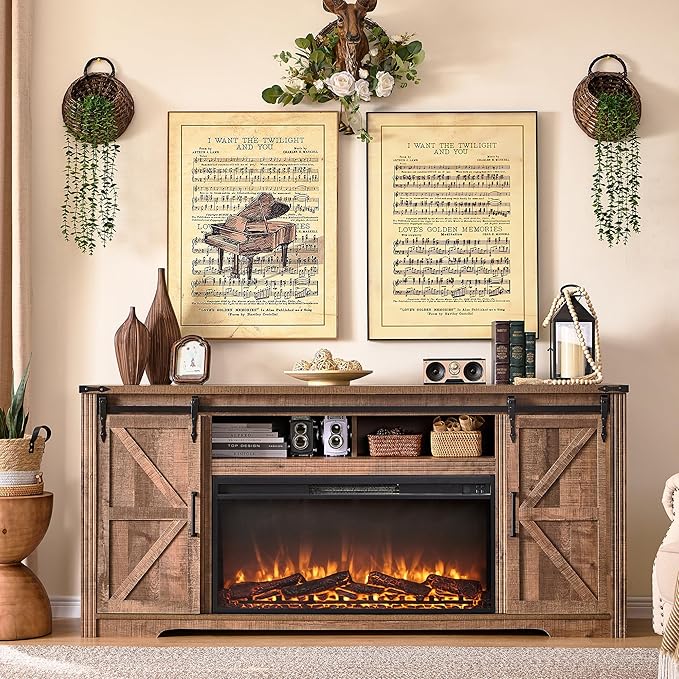 JXQTLINGMU Fireplace TV Stand for 80 Inch TV, Farmhouse Entertainment Center with 36" Fireplace, Modern Media Console with Sliding Barn Door & Storage Drawers for Living Room, Light Brown