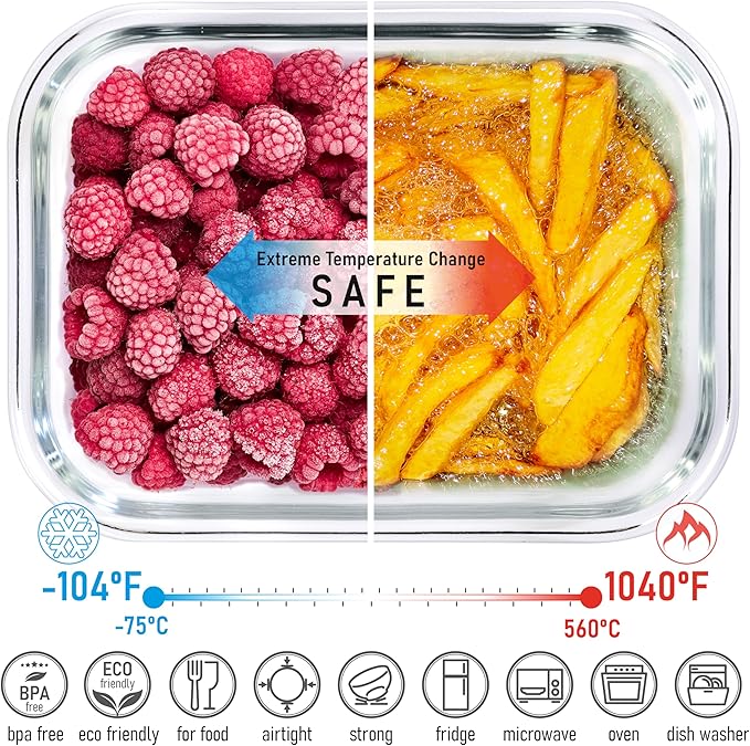 Glass Tupperware Set with Acacia Lids - 4 Stackable Meal Prep Containers. Durable heat resistant Inert Borosilicate Glass