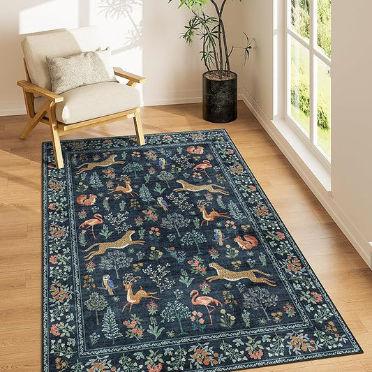 DUKINO 4x6 Rug, Washable Animal Area Rug with Non Slip Vintage Design, Indoor Soft Low Pile Carpet for Bedroom, Nursery, Dining Room, Farmhouse, Playroom, Navy Blue
