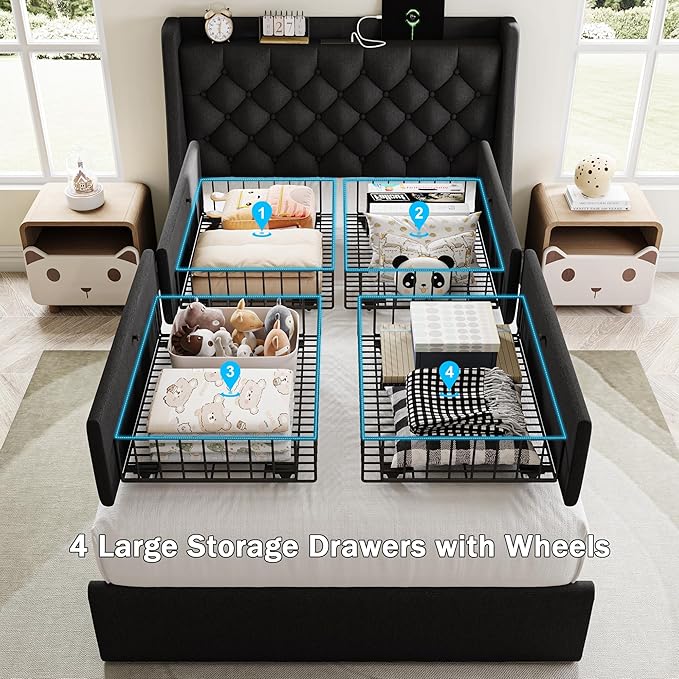 Twin Bed Frame with 4 Storage Drawers, Giant Upholstered Wingback Headboard, Fast Charging Station, No Box Spring Needed, Noise-Free, Black