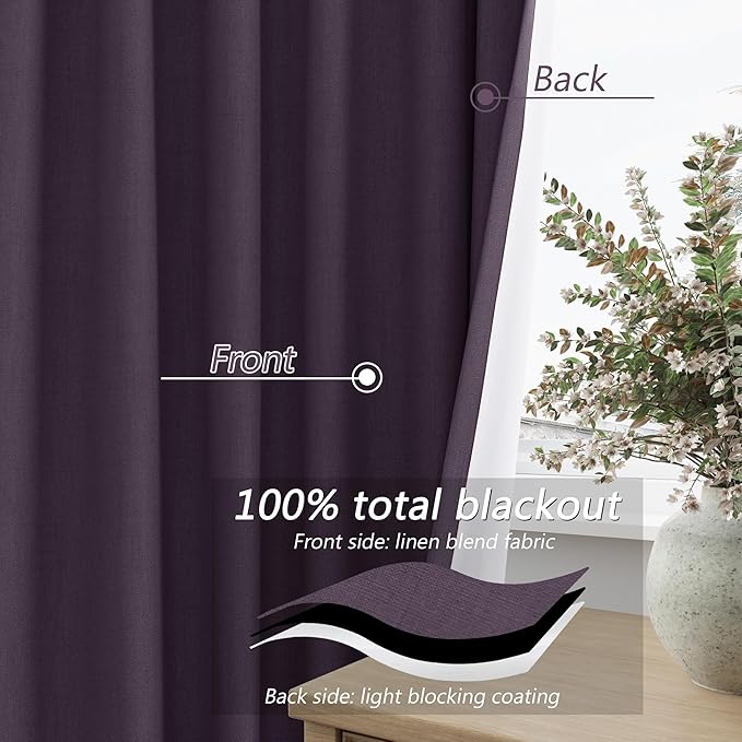 Guken Blackout Curtains 108 Inch Length 2 Panels Set for Living Room Bedroom Back Tab Thermal Insulated 100% Black Out Linen Drapes Room Darkening Window Curtains 108 Inches Long,Plum