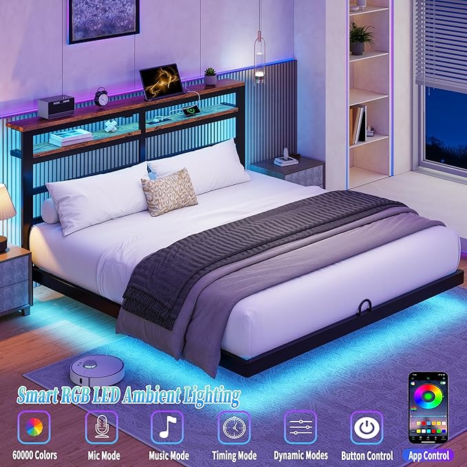 Floating Bed Frame Queen with LED Lights &USB Charging Station – Modern Platform Bed with 2 Tier Storage Headboard, Metal Slat Support, No Box Spring,Easy Assembly, Noise-Free, Black