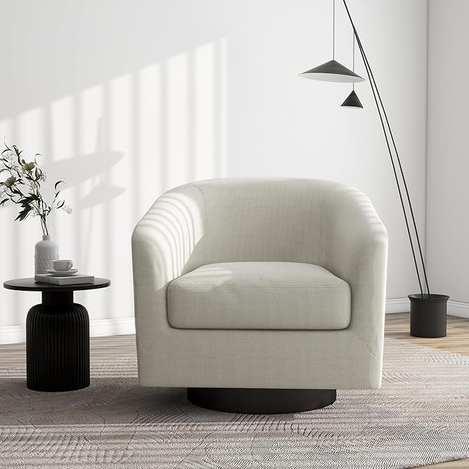 Swivel Barrel Accent Chair, Modern Round Linen Arm Chair for Living Room, Bedroom, Comfy Club Reading Chairs for Adults（Linen Fabric, Beige, Set of 1
