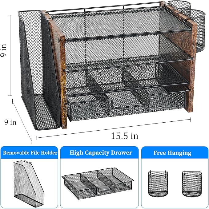Desk Organizer and Accessories, 4-Tier Desktop File Organizer with Drawer and 2 Pen Holders, Office Desk Accessories for Office Supplies(Wood)