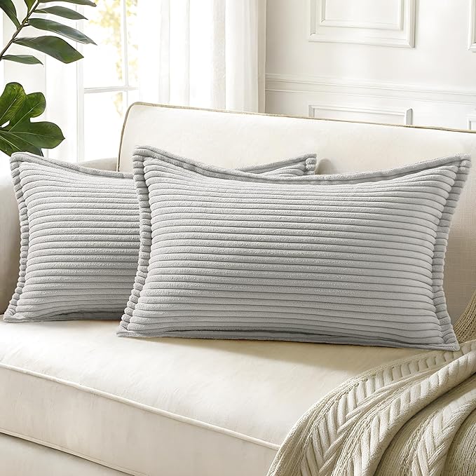 decorUhome Corduroy Grey Throw Pillow Covers 12x20 Set of 2 Decorative Soft Boho Striped Lumbar Neutral Euro Farmhouse Couch Pillow Covers with Broadside for Living Room Bed Sofa