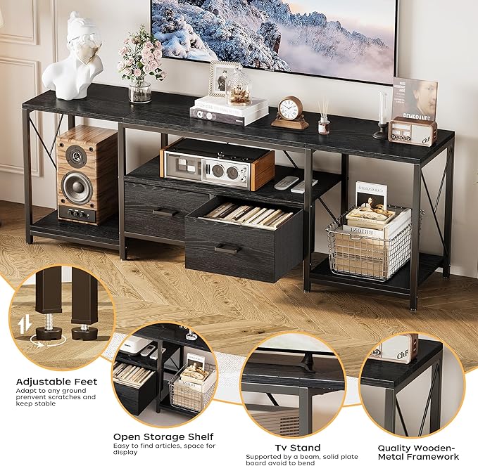 Homeiju TV Stand for TVs up to 75 Inch, Entertainment Center with Fabric Drawers, TV Media Console Table with Open Storage Shelves for Living Room, Bedroom, Black