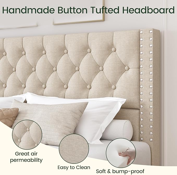 King Size Bed Frame with 4 Storage Drawers and Tufted Headboard Linen Upholstered Platform Bed Frame with Heavy Duty Wood Slats, No Box Spring Needed, Easy Assembly, Beige