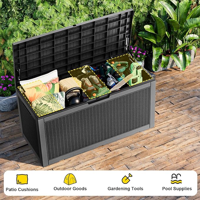 100 Gallon Outdoor Storage Box Waterproof, UV Resistant Resin Deck Box with Hydraulic Rod, Reinforced Stability for Patio, Garden, Rattan Black