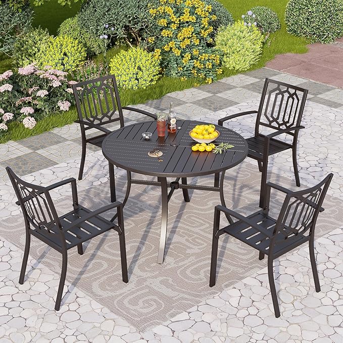 PHI VILLA 5 Pieces Outdoor Round Dining Set for 4, Wrought Iron Circle Table with Umbrella Hole & Stacking Metal Chairs, Morden Furniture Set for Patio, Deck, Backyard, Porch