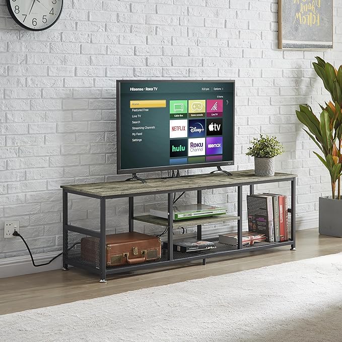 VECELO TV Stand with Power Outlets for Televisions up to 65Inch, 55" Media Entertainment Center with Charging Station 3-Tier Open Storage Shelves with Metal Frame for Living Room/Bedroom，Grey