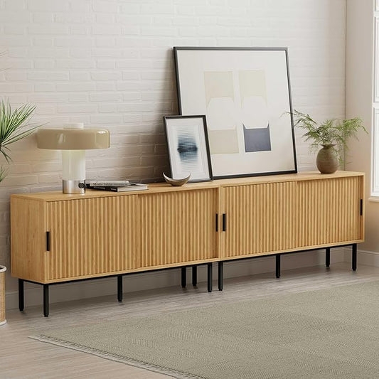 Fluted Tv Stand Set of 2, Modern Entertainment Center with Adjustable Shelves, Sliding Doors, Wood Media Console with Storage for Living Room, Natural Oak